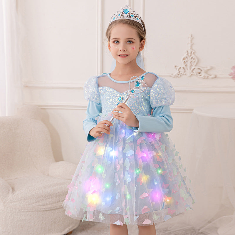 Girls Light Up Dress LED Long Sleeve Princess Party Dress with Fairy Wings and Tulle Bow Veil