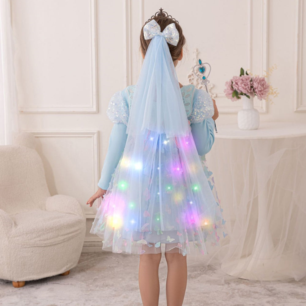Girls Light Up Dress LED Long Sleeve Princess Party Dress with Fairy Wings and Tulle Bow Veil