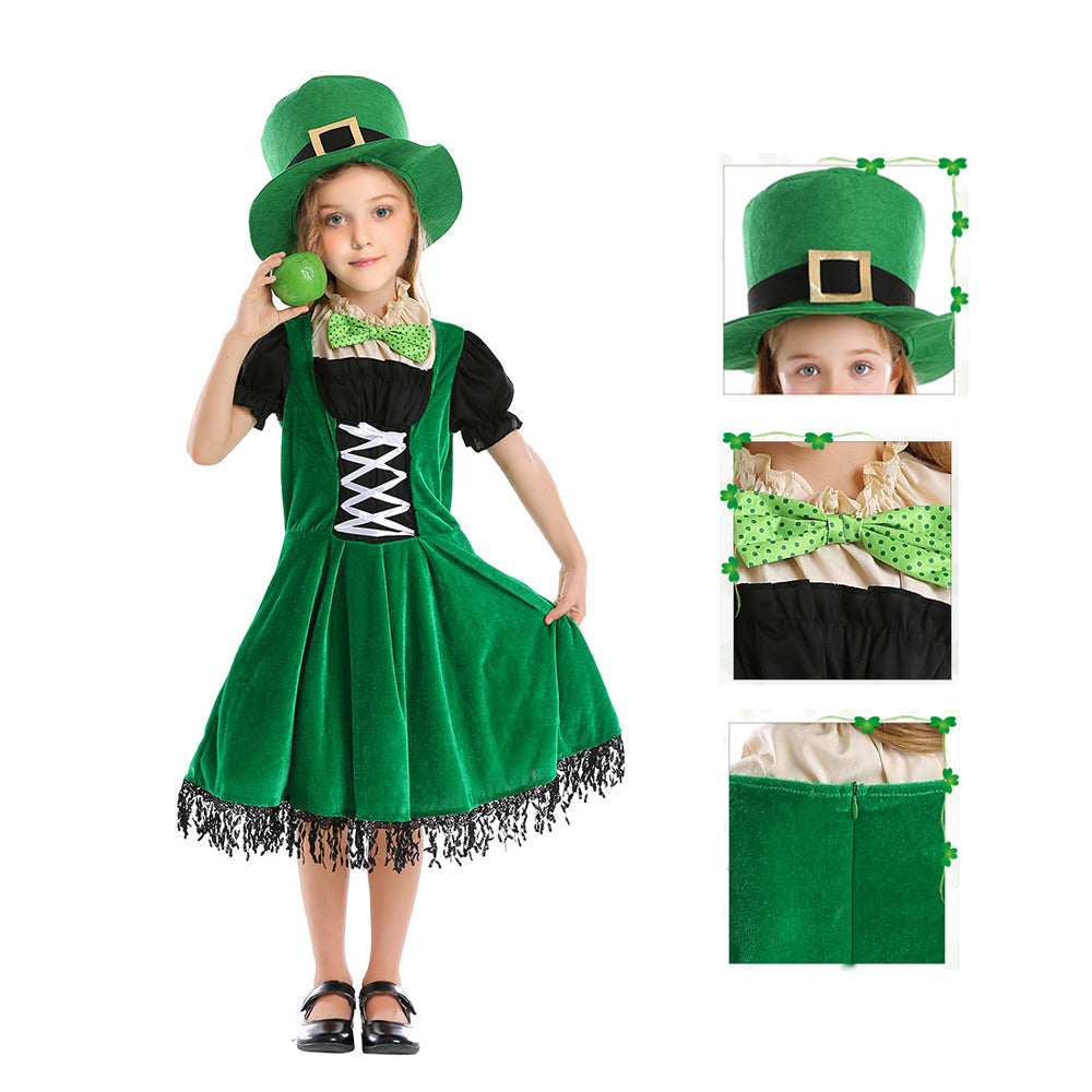Girls Saint Patricks Day Outift Leprechaun Dress Hat and Bowtie Full Set for St Paddy Day