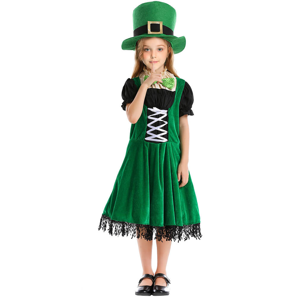 Girls Saint Patricks Day Outift Leprechaun Dress Hat and Bowtie Full Set for St Paddy Day
