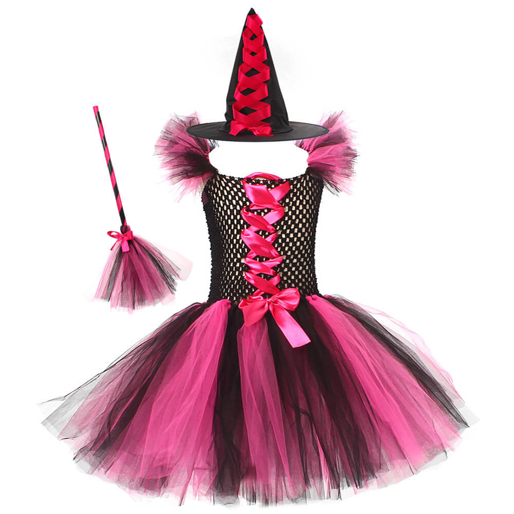 Girls Witch Costume Halloween Witch Tutu Dress Broom Hat 3pcs Set Fancy Cosplay Outfit 3-12Y