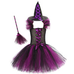 Girls Witch Costume Halloween Witch Tutu Dress Broom Hat 3pcs Set Fancy Cosplay Outfit 3-12Y