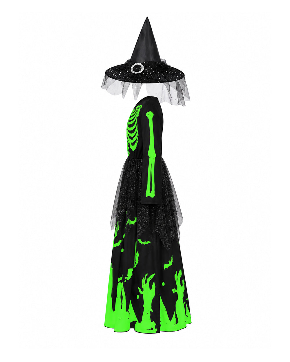 Girls Glow in the Dark Skeleton Costume Skeleton Dress and Witch Hat 2pcs Set for Cosplay Party 4T-10Y