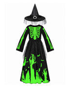 Girls Glow in the Dark Skeleton Costume Skeleton Dress and Witch Hat 2pcs Set for Cosplay Party 4T-10Y