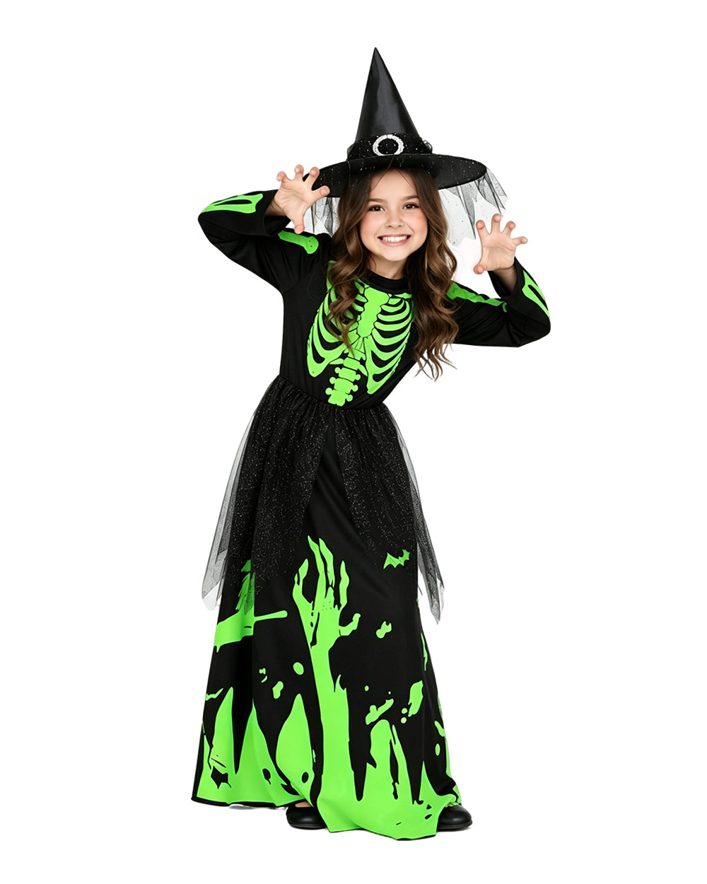 Girls Glow in the Dark Skeleton Costume Skeleton Dress and Witch Hat 2pcs Set for Cosplay Party 4T-10Y