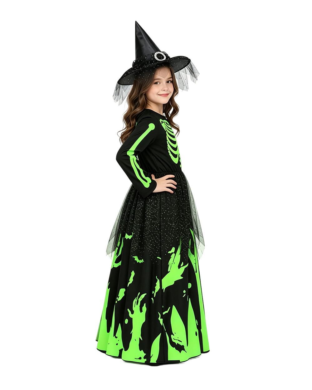 Girls Glow in the Dark Skeleton Costume Skeleton Dress and Witch Hat 2pcs Set for Cosplay Party 4T-10Y