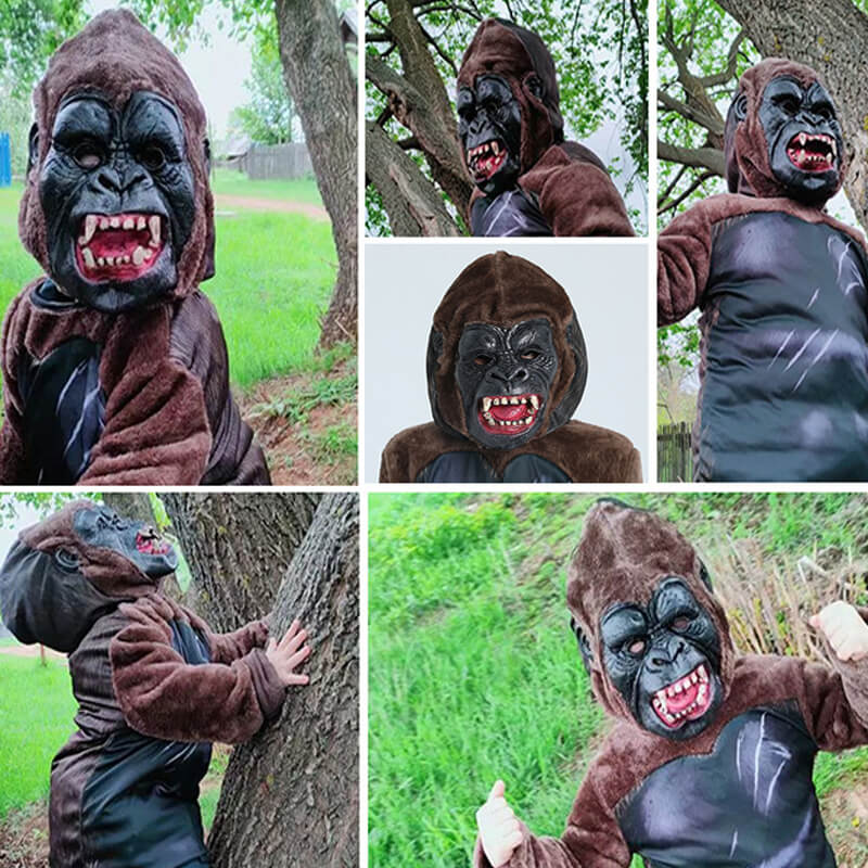 Kids Gorilla Costume King Kong Cosplay Outfit Fleece Sweatshirt Suit with Latex Helmet Full Set