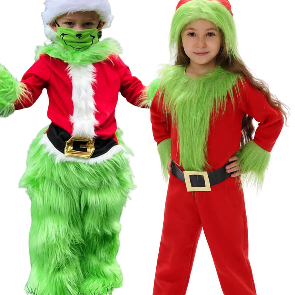 Kids Green Monster Santa Costume Furry Hooded Christmas Outfit for Boys and Girls