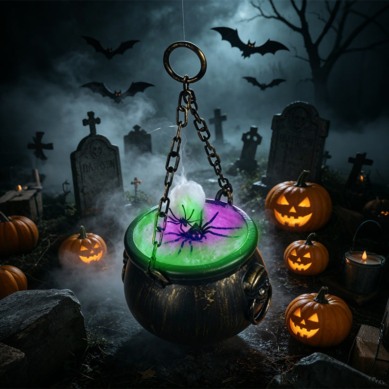 Halloween Decor Hanging Witches Cauldron with Color LED Light Vintage Black Witch Pot for House Party Decor