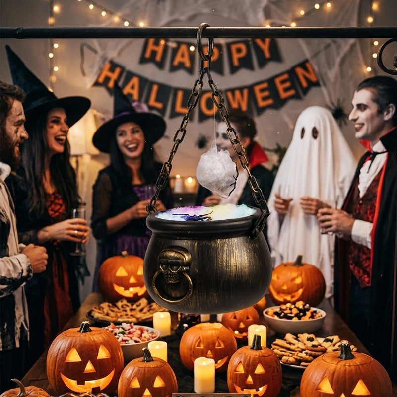 Halloween Decor Hanging Witches Cauldron with Color LED Light Vintage Black Witch Pot for House Party Decor