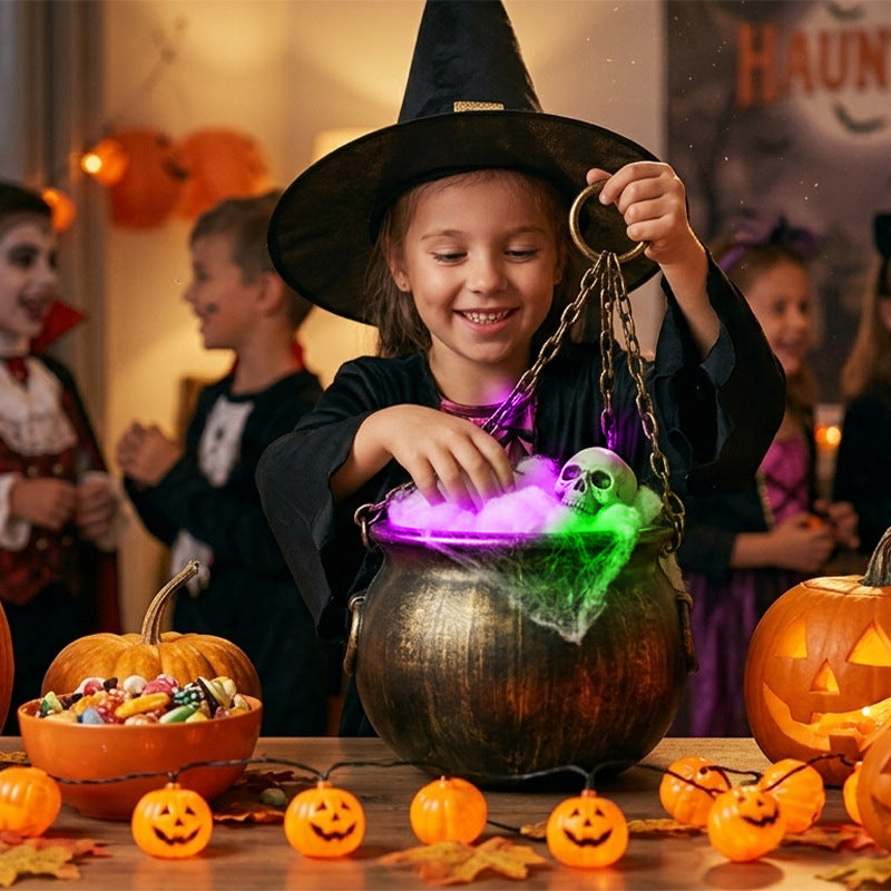 Halloween Decor Hanging Witches Cauldron with Color LED Light Vintage Black Witch Pot for House Party Decor