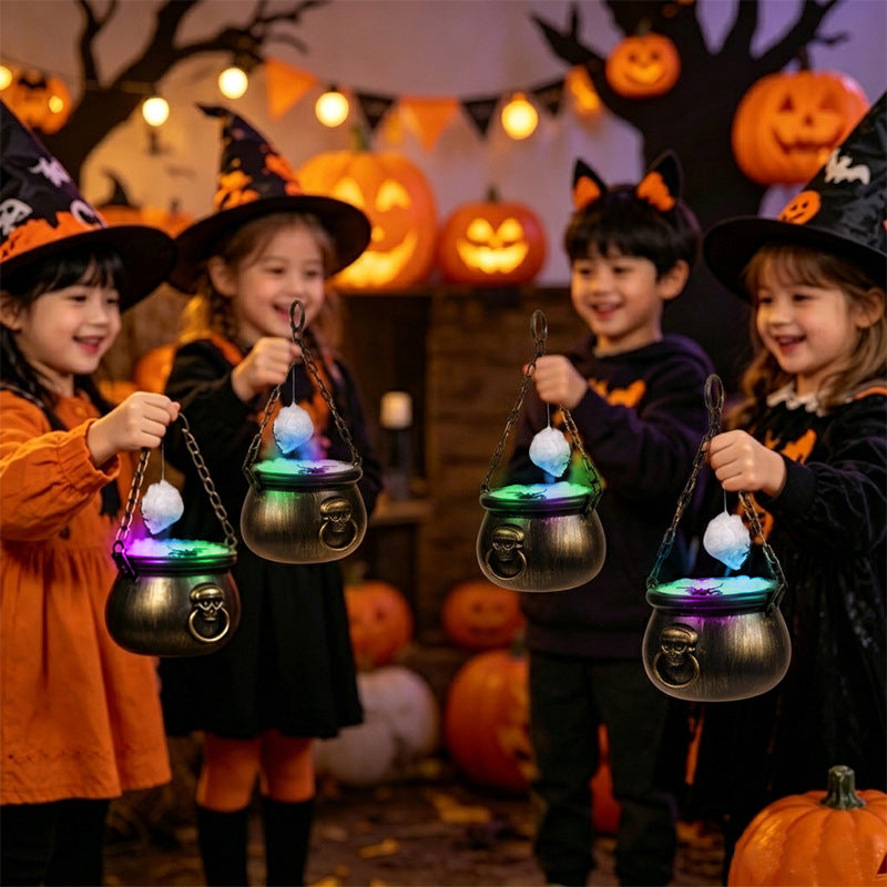 Halloween Decor Hanging Witches Cauldron with Color LED Light Vintage Black Witch Pot for House Party Decor