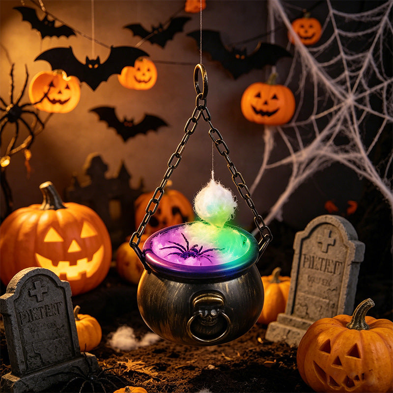 Halloween Decor Hanging Witches Cauldron with Color LED Light Vintage Black Witch Pot for House Party Decor