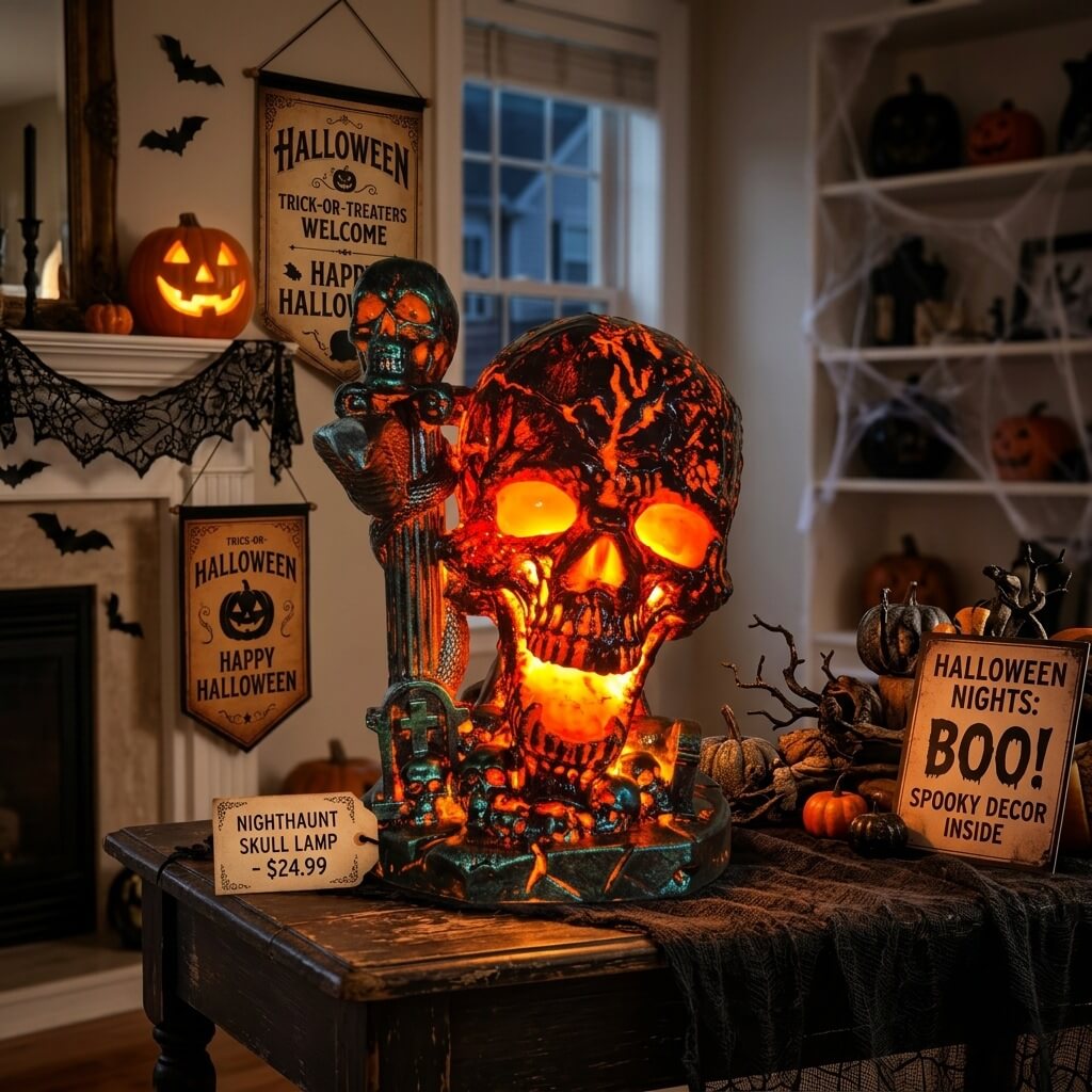 7.68'' Halloween Decor Light Resin Crack Skull Lamp with USB Charging Home Decoration Crafts