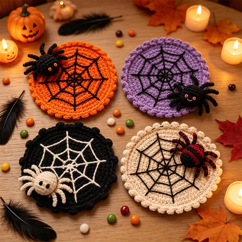 Halloween Decoration 3.94'' Crochet Spider Web Coasters 3D Spider Knitted Cup Mats Gothic Table Decor