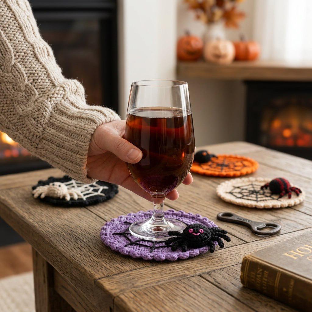 Halloween Decoration 3.94'' Crochet Spider Web Coasters 3D Spider Knitted Cup Mats Gothic Table Decor