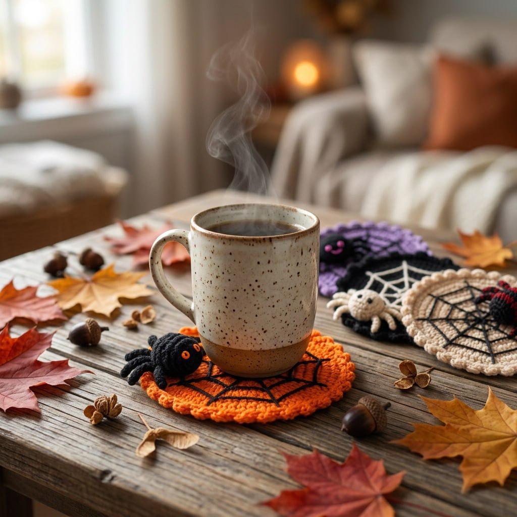 Halloween Decoration 3.94'' Crochet Spider Web Coasters 3D Spider Knitted Cup Mats Gothic Table Decor