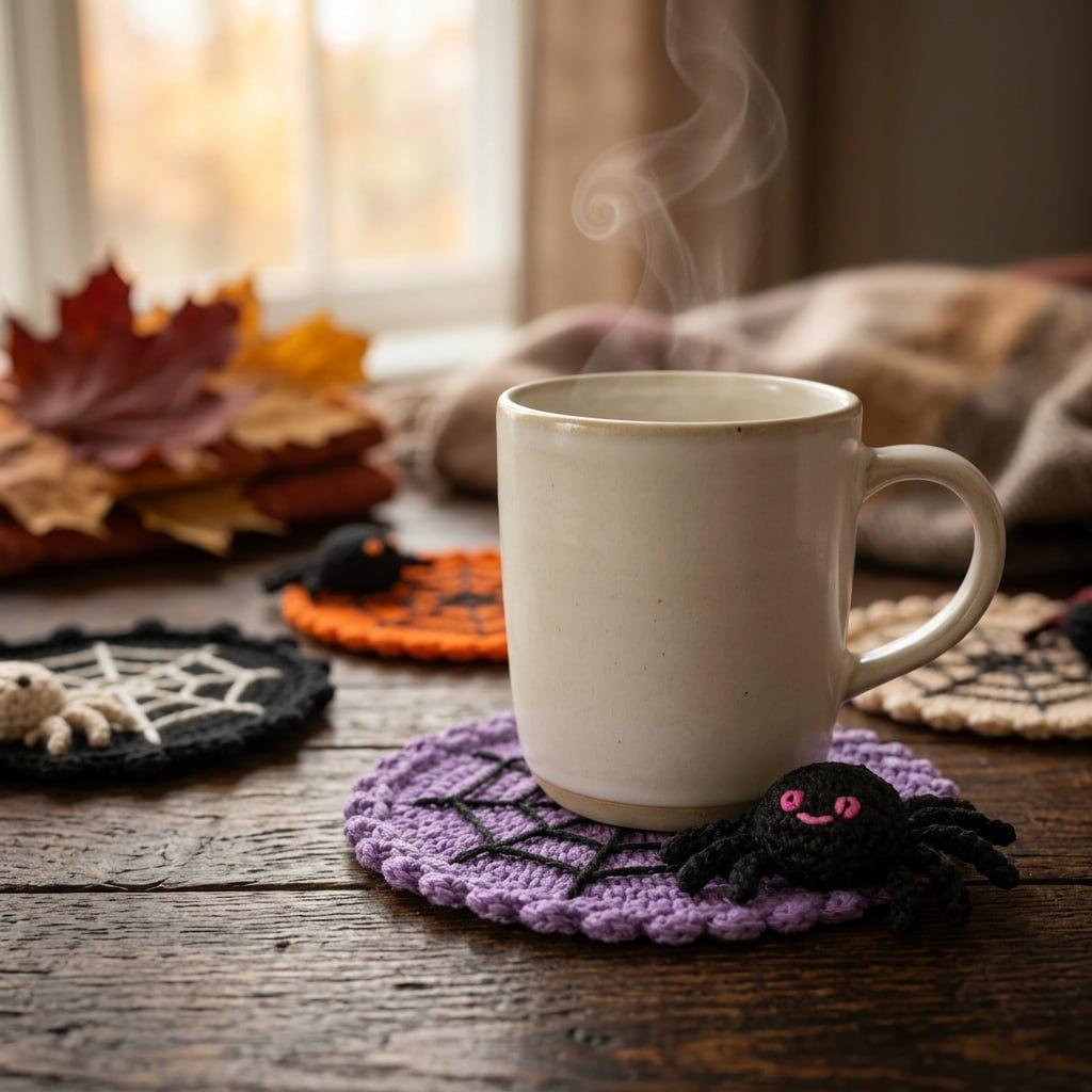 Halloween Decoration 3.94'' Crochet Spider Web Coasters 3D Spider Knitted Cup Mats Gothic Table Decor