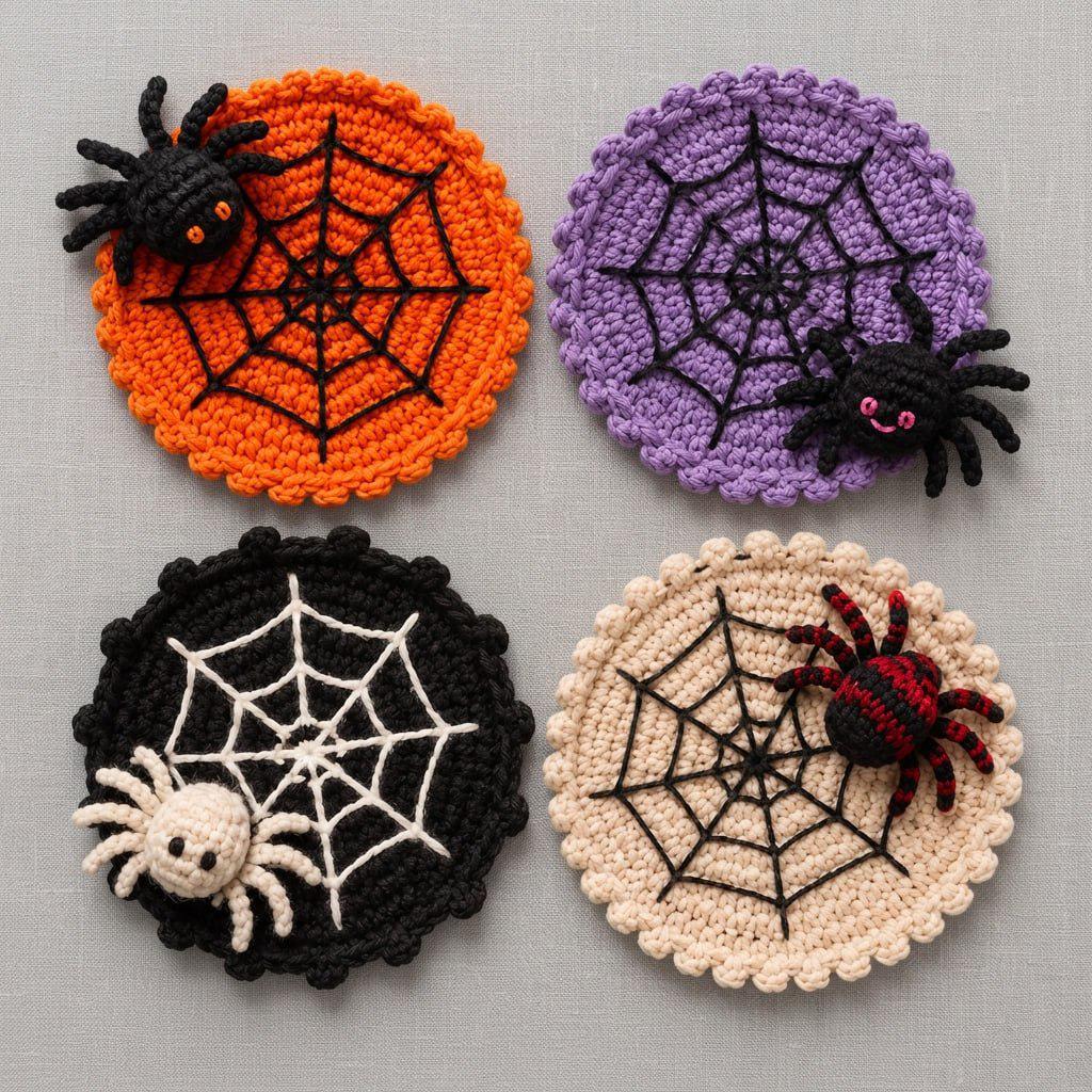 Halloween Decoration 3.94'' Crochet Spider Web Coasters 3D Spider Knitted Cup Mats Gothic Table Decor