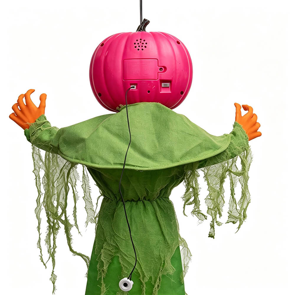 Halloween Decoration Hanging Animated Pumpkin Green Scarecrow Decoration with LED Glowing Eyes and Sound Activation