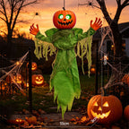 Halloween Decoration Hanging Animated Pumpkin Green Scarecrow Decoration with LED Glowing Eyes and Sound Activation