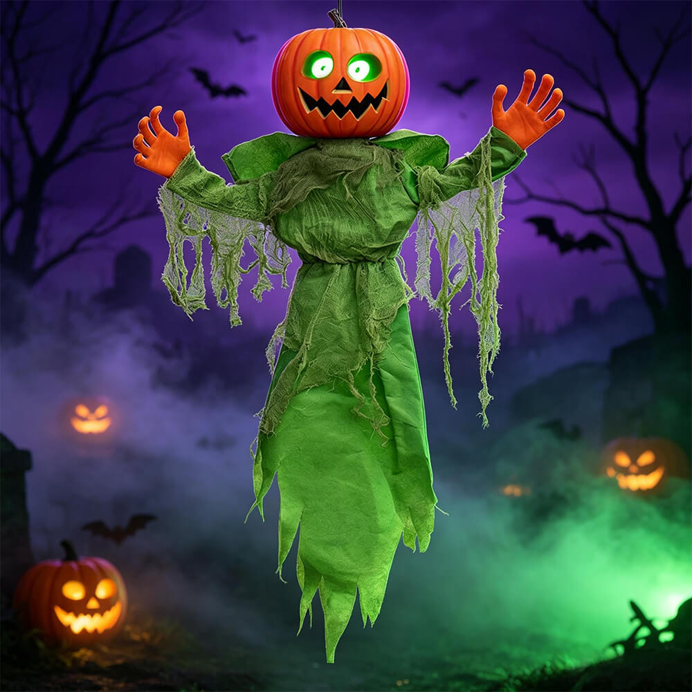 Halloween Decoration Hanging Animated Pumpkin Green Scarecrow Decoration with LED Glowing Eyes and Sound Activation