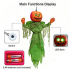 Halloween Decoration Hanging Animated Pumpkin Green Scarecrow Decoration with LED Glowing Eyes and Sound Activation