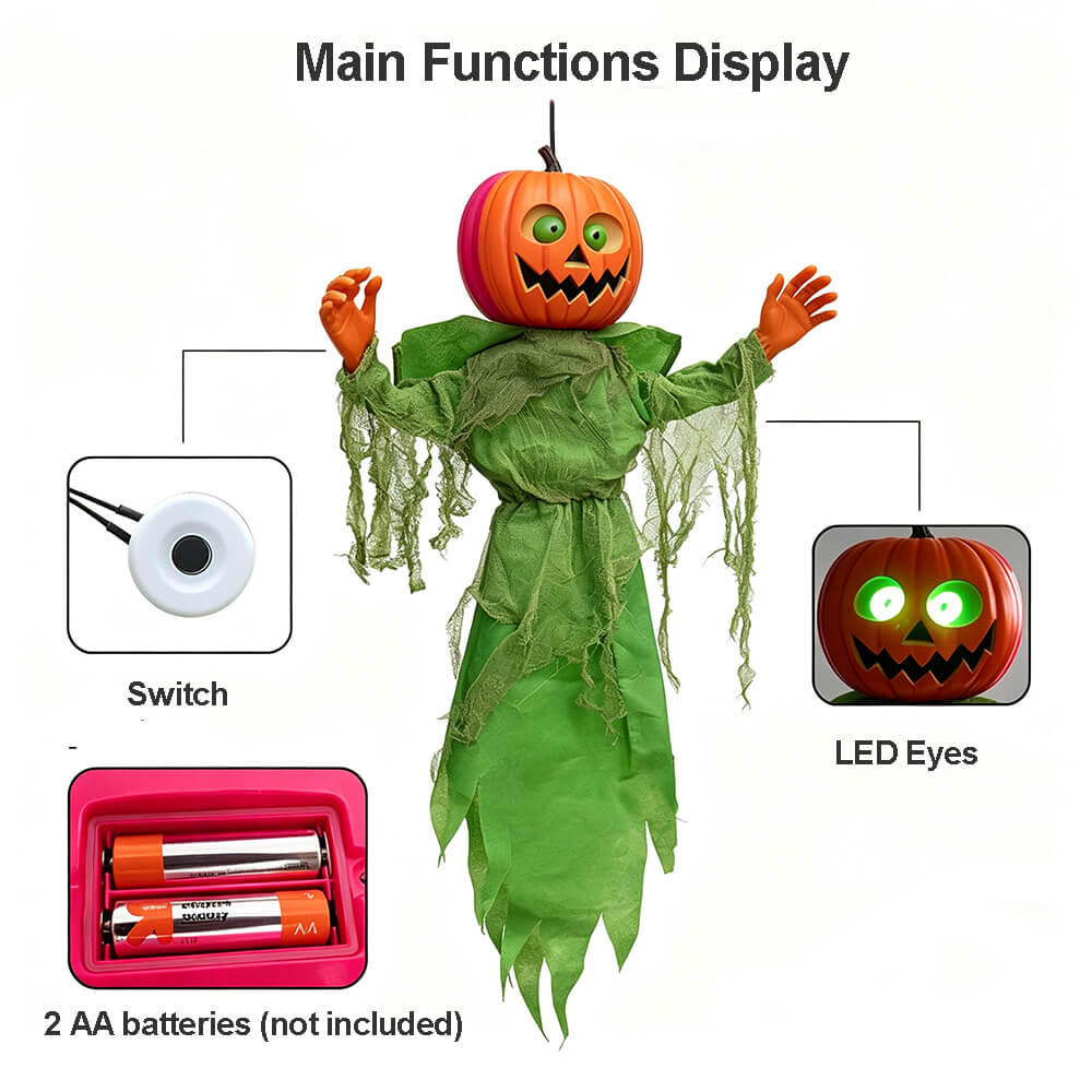 Halloween Decoration Hanging Animated Pumpkin Green Scarecrow Decoration with LED Glowing Eyes and Sound Activation