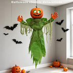 Halloween Decoration Hanging Animated Pumpkin Green Scarecrow Decoration with LED Glowing Eyes and Sound Activation