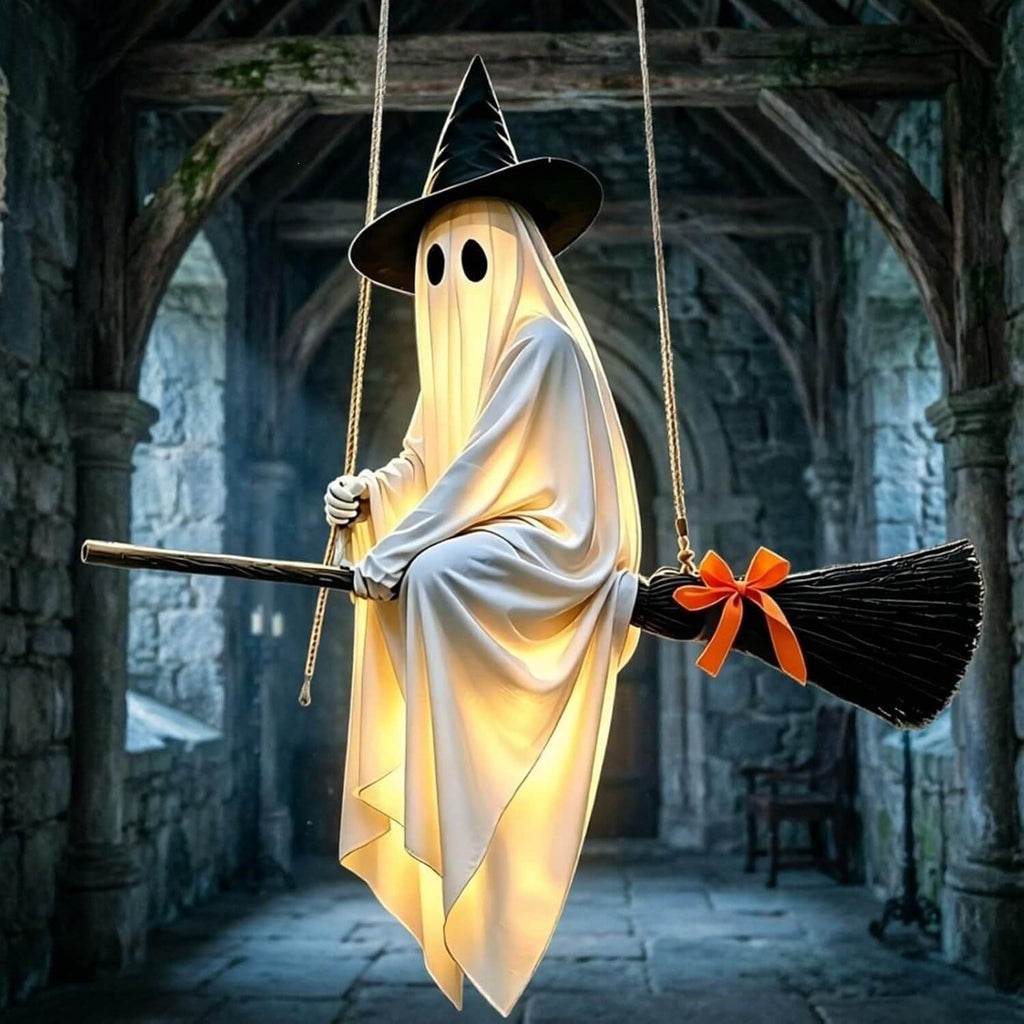3.61ft Halloween Decoration LED Lighted Ghost Broom Hanging Ornament For Indoor and Outdoor Decor