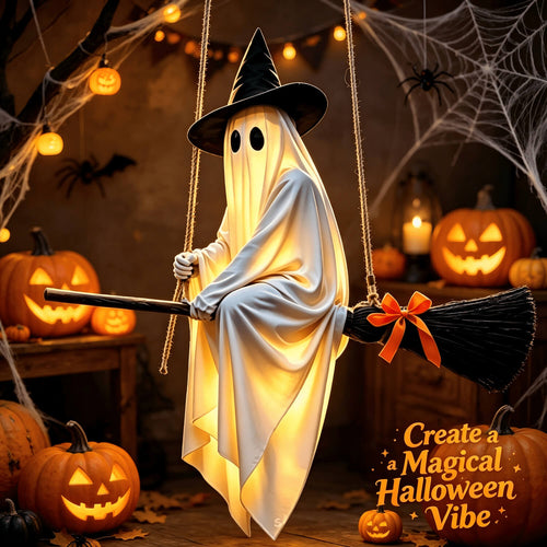 3.61ft Halloween Decoration LED Lighted Ghost Broom Hanging Ornament For Indoor and Outdoor Decor