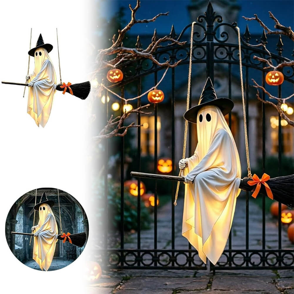 3.61ft Halloween Decoration LED Lighted Ghost Broom Hanging Ornament For Indoor and Outdoor Decor