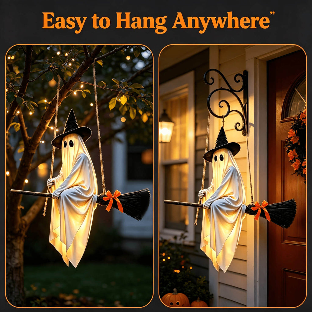 3.61ft Halloween Decoration LED Lighted Ghost Broom Hanging Ornament For Indoor and Outdoor Decor