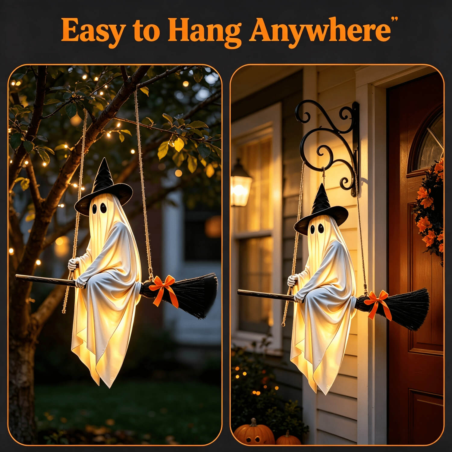 3.61ft Halloween Decoration LED Lighted Ghost Broom Hanging Ornament For Indoor and Outdoor Decor