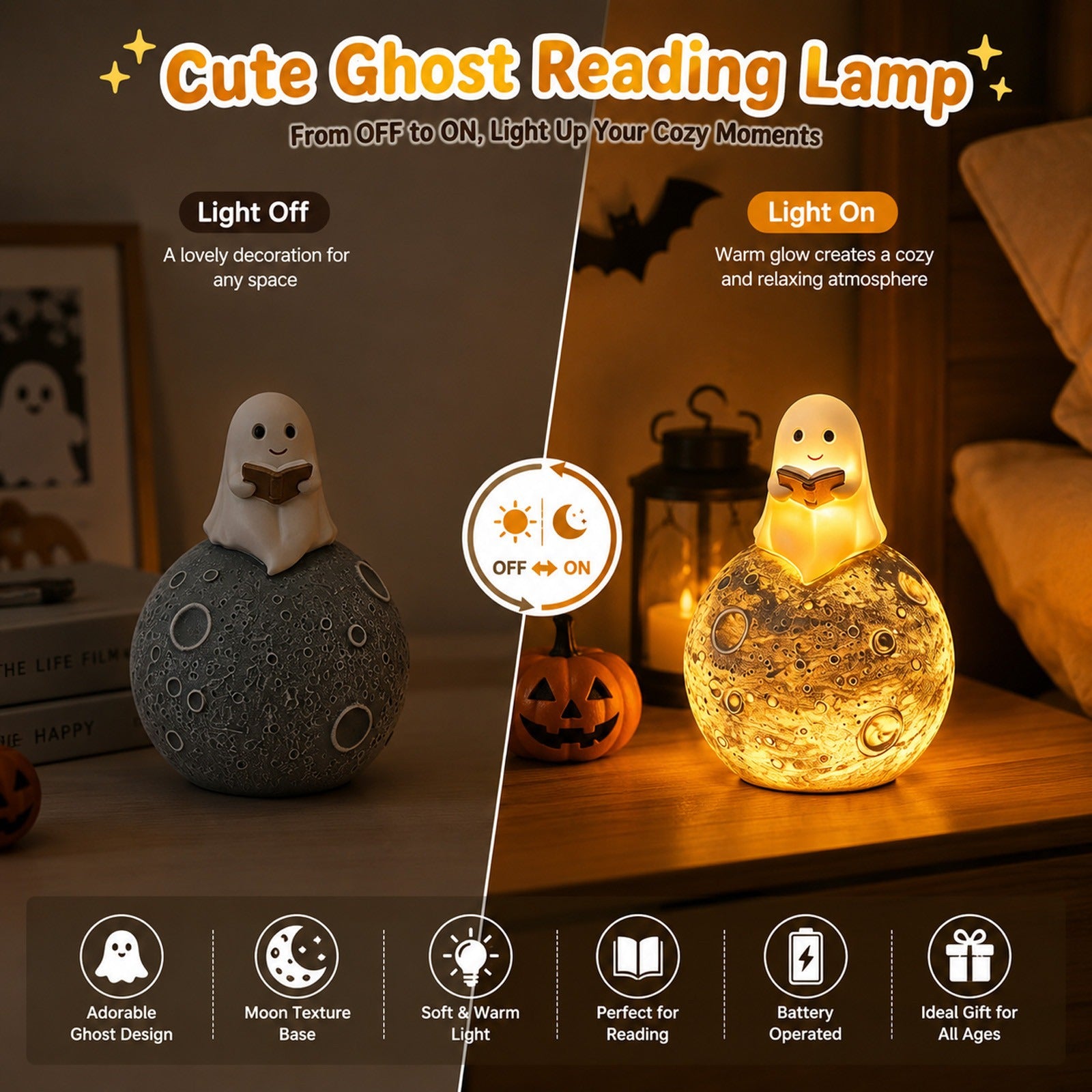 Halloween Decoration Lamp Cute Reading Ghost LED Night Light Set Resin Lamp for Bedroom & Study Desk