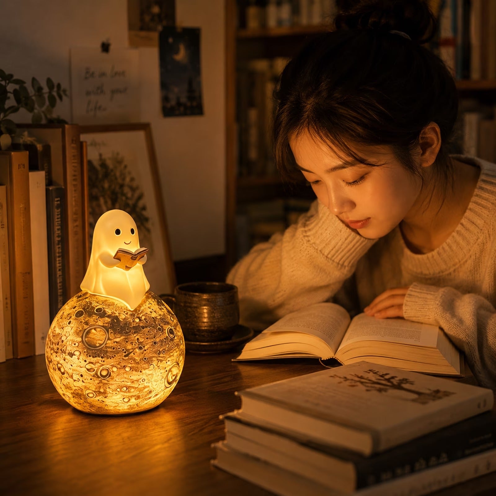 Halloween Decoration Lamp Cute Reading Ghost LED Night Light Set Resin Lamp for Bedroom & Study Desk