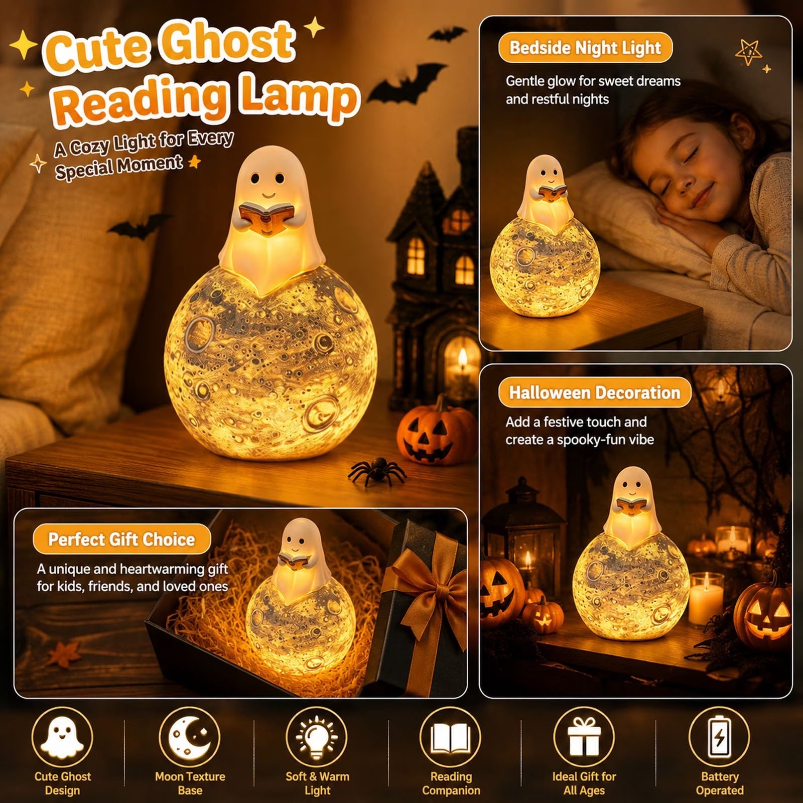 Halloween Decoration Lamp Cute Reading Ghost LED Night Light Set Resin Lamp for Bedroom & Study Desk