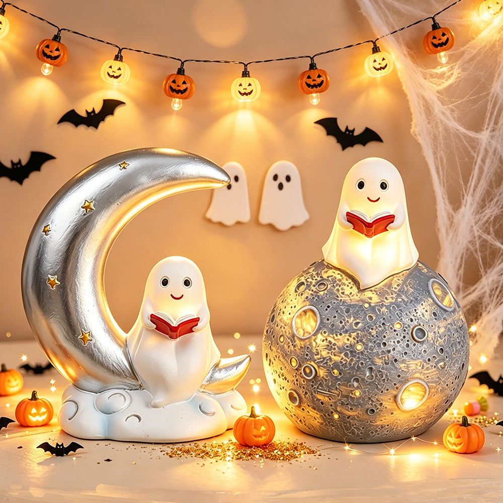 Halloween Decoration Lamp Cute Reading Ghost LED Night Light Set Resin Lamp for Bedroom & Study Desk