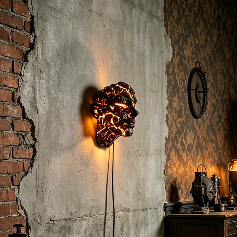 Halloween Decoration Light Crack Resin Human Face Art Lamp Gothic USB Wall Sconce for Dark Aesthetic and Interior
