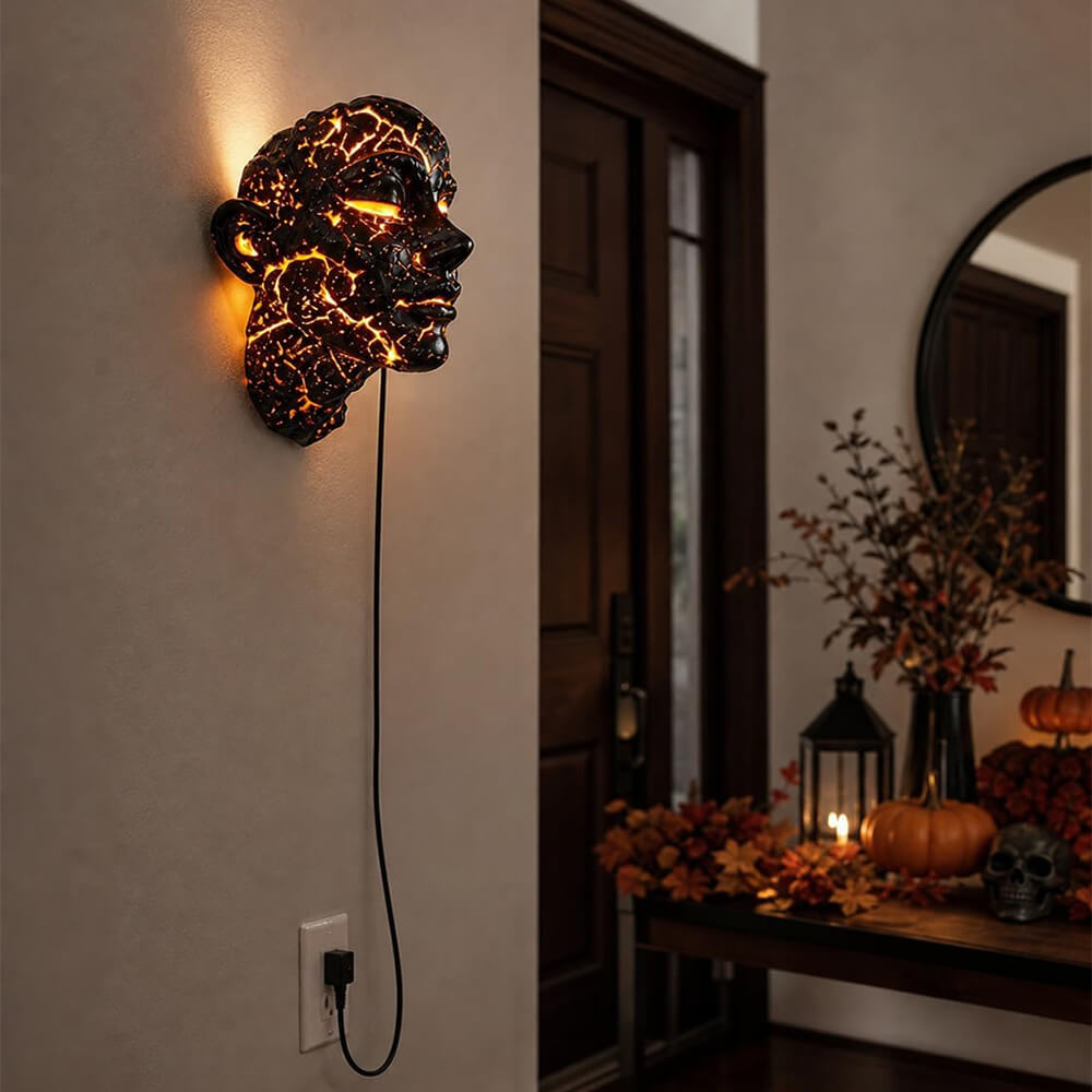 Halloween Decoration Light Crack Resin Human Face Art Lamp Gothic USB Wall Sconce for Dark Aesthetic and Interior