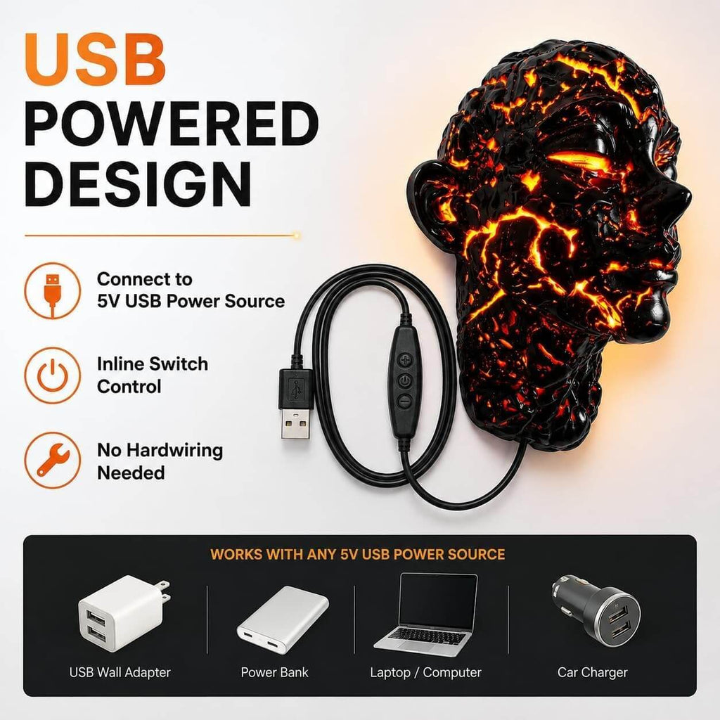 Halloween Decoration Light Crack Resin Human Face Art Lamp Gothic USB Wall Sconce for Dark Aesthetic and Interior