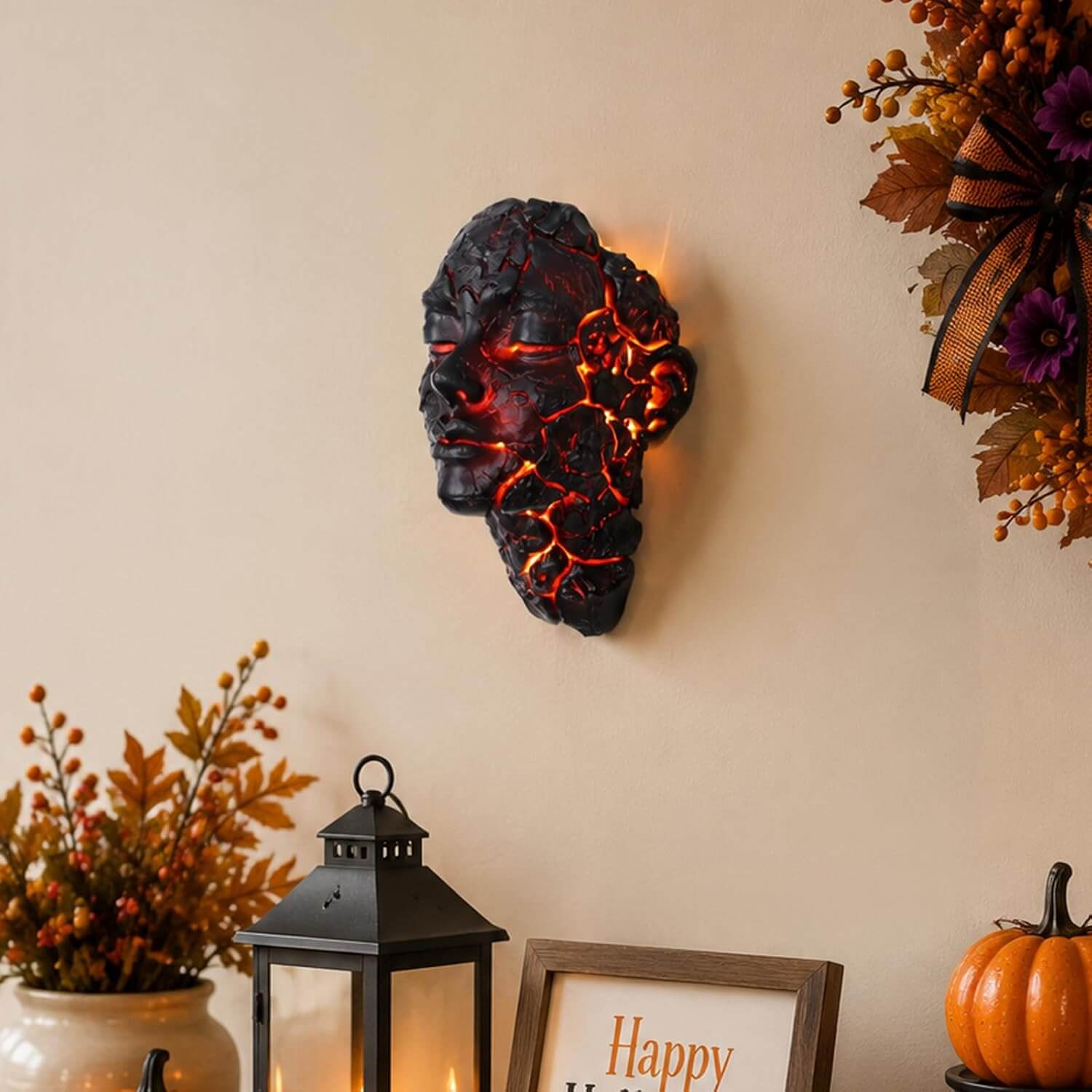 Halloween Decoration Light Crack Resin Human Face Art Lamp Gothic USB Wall Sconce for Dark Aesthetic and Interior