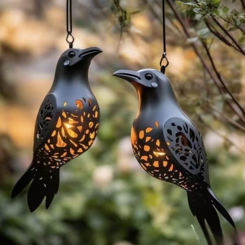 2pcs Halloween Decoration Vintage Hollow Crow Hanging Lantern with Warm LED Light For Indoor and Outdoor