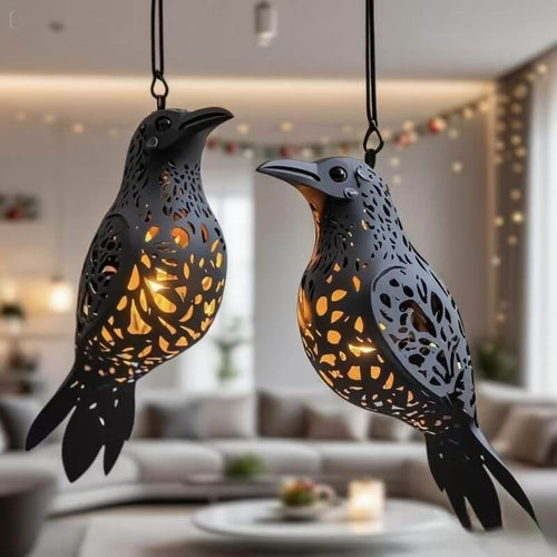 2pcs Halloween Decoration Vintage Hollow Crow Hanging Lantern with Warm LED Light For Indoor and Outdoor