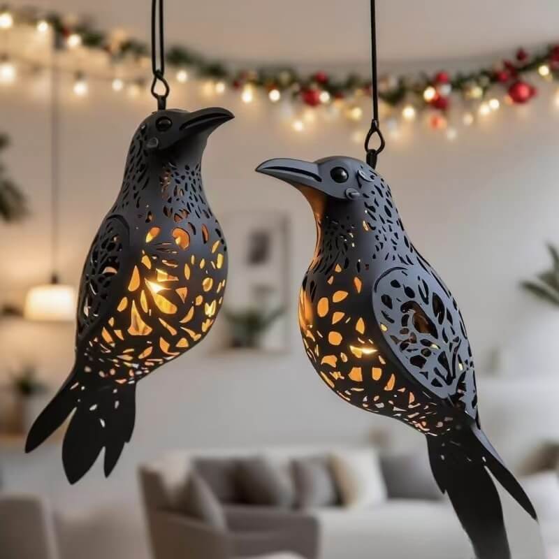 2pcs Halloween Decoration Vintage Hollow Crow Hanging Lantern with Warm LED Light For Indoor and Outdoor