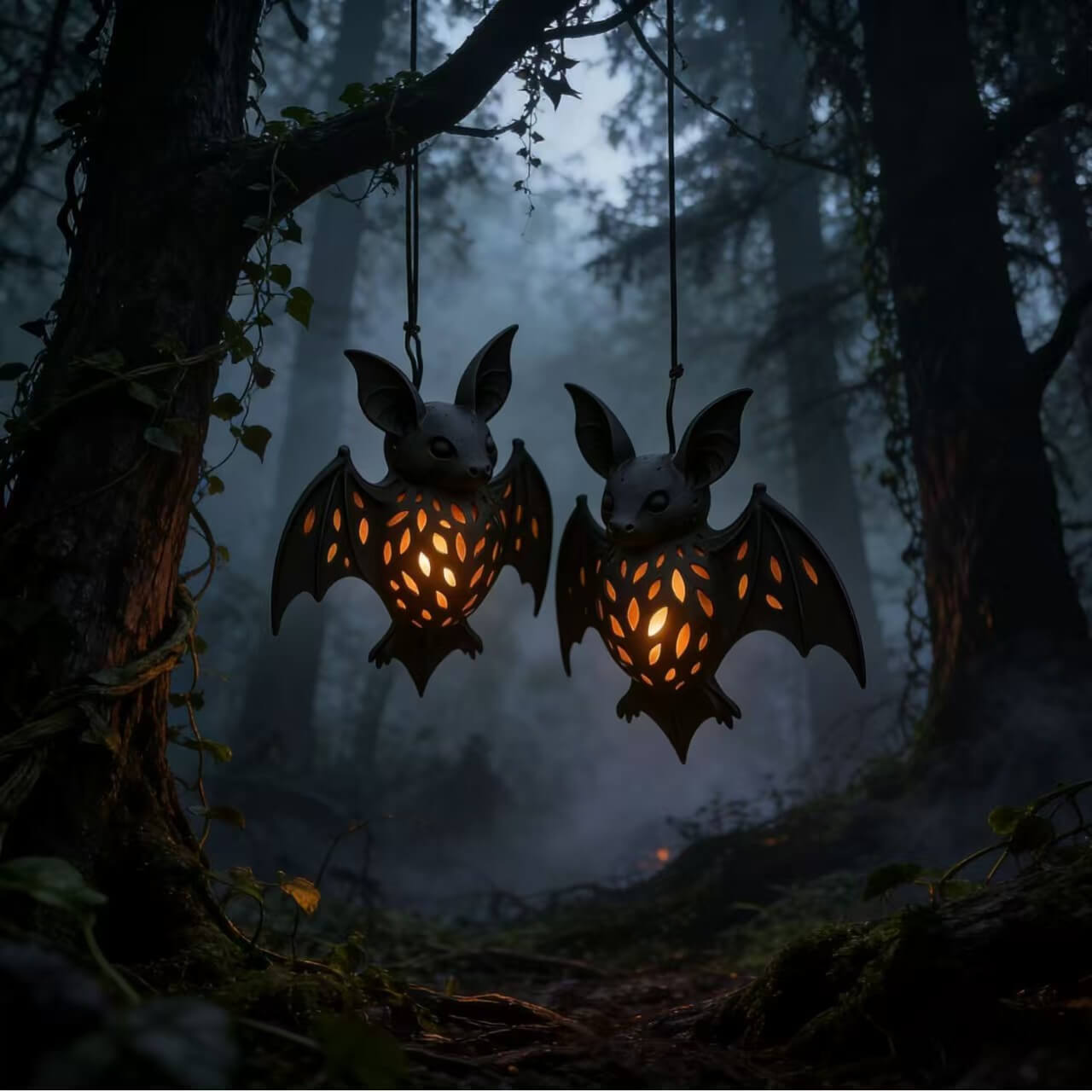 2pcs Halloween Decoration Vintage Hollow Crow Hanging Lantern with Warm LED Light For Indoor and Outdoor