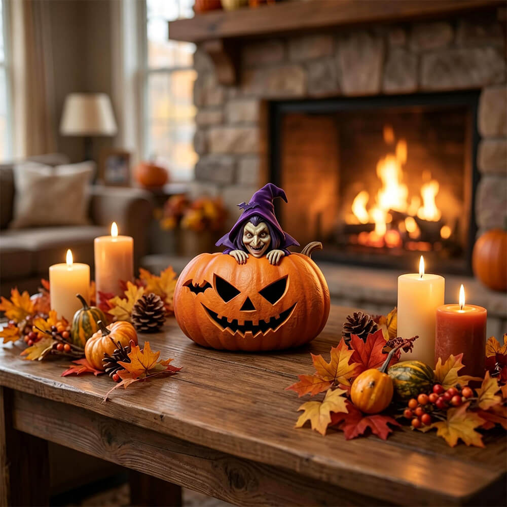 Halloween Decoration Witch Pumpkin Figurine Resin Desktop Organizer for Pens, Candies and Holiday Home Decor