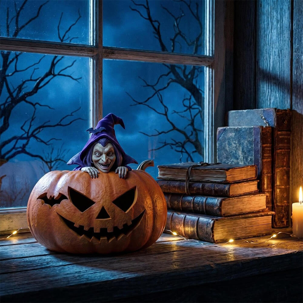 Halloween Decoration Witch Pumpkin Figurine Resin Desktop Organizer for Pens, Candies and Holiday Home Decor
