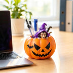 Halloween Decoration Witch Pumpkin Figurine Resin Desktop Organizer for Pens, Candies and Holiday Home Decor