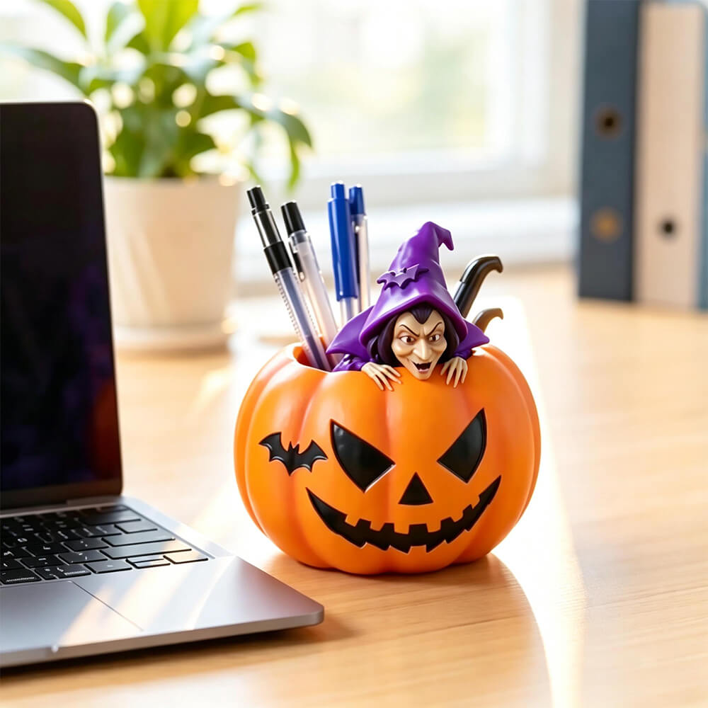 Halloween Decoration Witch Pumpkin Figurine Resin Desktop Organizer for Pens, Candies and Holiday Home Decor
